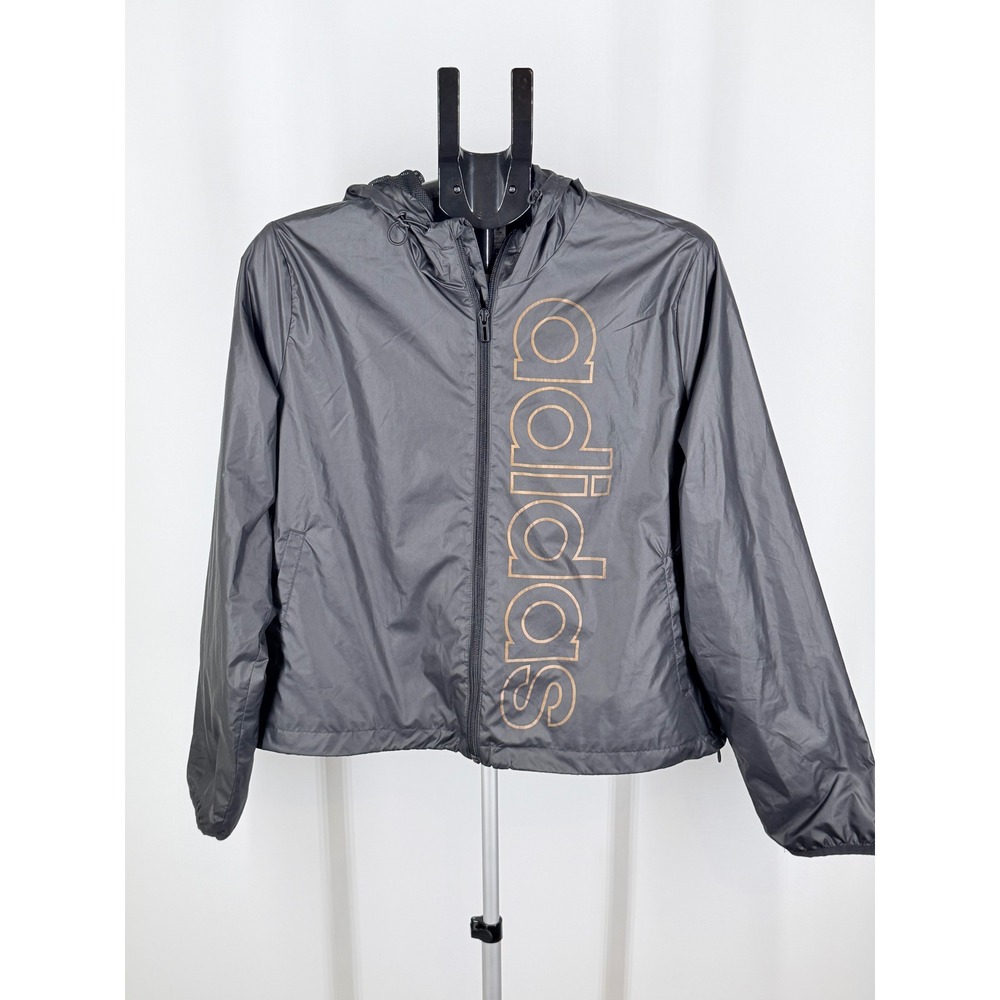 Adidas Essentials Linear Windbreaker Jacket Black Rose Gold Logo Womens Large